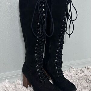 Black Lace-Up/zipper Over the Knee Boots